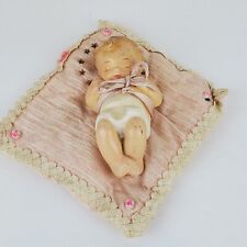 Vintage Baby Jesus Plaster Figurine On Blanket Bow Lace Flowers Has Wear picture