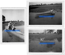 3 VINTAGE PHOTOS - Man with Classic Daisy Lever Action BB Gun in Homemade Boat picture