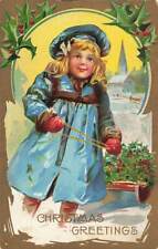 c1910 Smiling Girl Pulls Sled Christmas P298 picture