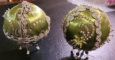 Large Satin Sheen Ball Decorated w/Pins/Beads/Trim-Green w/Star Sequins-Set of 2 picture
