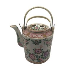 Vintage Floral Asian Hand Painted Porcelain Teapot Woven Handle picture