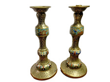 Antique Enamel Brass Champleve Candlesticks/Candle Holders Pair 12