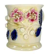 Antique German Porcelain Victorian Shaving Mug, Raised Flowers and Cobalt Leaves picture