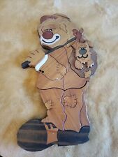 Vintage MCM Hobo Clown with Dog Intarsia Wood Carving w/Hanging Clasp picture