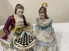 Frankenthal Dresden,Lace, Porcelain Couple Playing Chess Figurine Germany READ. picture