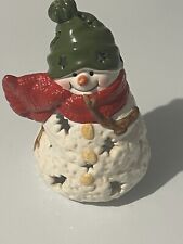 Hallmark Ceramic Snowman Tea Light Luminary Candle Holder Red Scarf Hat Stars picture