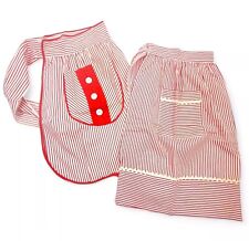Vintage Aprons Red White Tie Back  Striped Pockets Rickrack Retro Set Of 2 picture