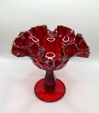 Fenton Ruby Red Amberina Glass Thumbprint Compote Pedestal Ruffled Edge GLOWS picture