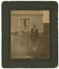 Antique c1900s Large Cabinet Card Portrait of Young Couple Outside Their House picture