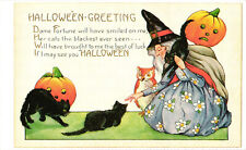 Halloween Greetings Woman Pumpkins Cats Vintage Reproduction Postcard Unposted picture