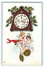 New Year Angels Cherubs Swing On Clock Holly Berries Embossed Postcard picture