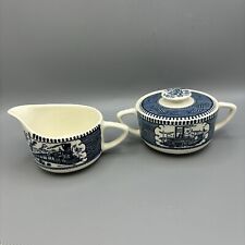 Currier & Ives by Royal China: Blue Creamer and Sugar Bowl w/Lid Vintage picture
