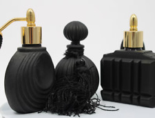 Vintage Three Black Glass Perfume Bottles / Atomizers - Empty - Art Deco Style picture