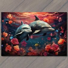 POSTCARD Playful Dolphins Celebrating Valentine’s Day Hearts and Flowers 🐬💕🌸 picture
