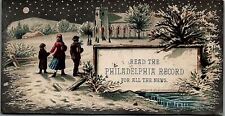 1880s PHILADELPHIA RECORD CHRISTMAS FAMILY SNOW CHURCH TRADE CARD 25-221 picture