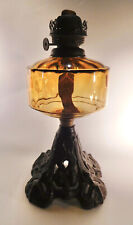 c1900 English Amber Glass Diamond Optic Oil Lamp w/ Art Nouveau Cast Iron Base picture