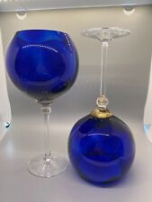 STUNNING Pair Cobalt Blue Balloon Wine Gobelets Handblown Signed One of a Kind picture