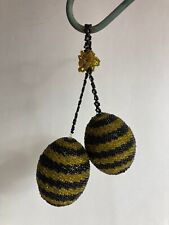 2 Hand Beaded Egg Shaped Ornaments Beaded Together. Yellow And Purple Beads picture