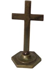 Vintage Handmade Solid Brass Religious Cross On Pedestal Christianity Decor Mcm picture