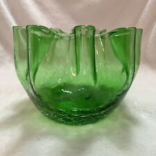 Mid Century Pilgrim Blown Green Crackle Glass Ruffle Vase Rose Wavy Bowl MCM picture