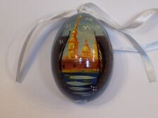 Russian Painted Wooden Egg Ornament Easter Christmas Tree Holiday Blue Signed picture