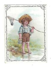 c1887 Trade Card M.D. Wells & Co. Foot-Wear Chicago, Young Boy with Fishing Net picture