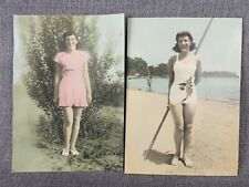 Mid Century Photos Hand Colored Woman In Bathing Suit Pinup Style 1940s picture