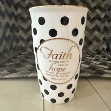 White, Black And Gold Ceramic Travel Coffee Tea Cup Mug With Lid - Faith Hope picture