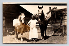 RPPC Young Woman & Two Large Horses at Farm Buildings Real Photo Postcard picture