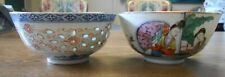 2 Oriental Hand Painted Porcelain Rice Bowls Translucent Bats Females Prunus   picture