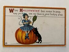 Halloween, Stecher No 63 A, Girl Sitting On Pumpkin With Candle And Cat picture