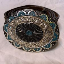 Vintage Western Crumrine Belt Buckle Heavy Silver Plate Jewelers Bronze W/ Belt picture