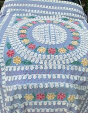 Vintage Chenille Pink Yellow Flower Bedspread Blue Cotton 90”x 98” Full picture