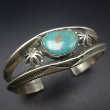 Vintage NAVAJO Heavy Gauge Hand-Stamped Sterling Silver TURQUOISE Cuff BRACELET picture
