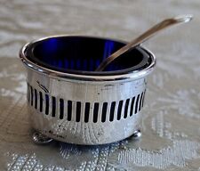Antique Sterling Silver Open Salt Cellar with Cobalt Blue Liner and Spoon picture