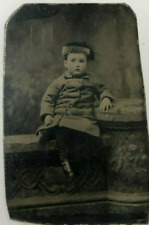 Antique Tintype photo handsome young boy with hat and big coat. picture