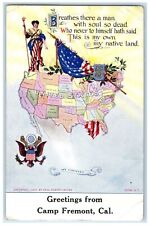 c1905's Greetings From Camp Fremont California CA Patriotic Flag Postcard picture