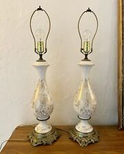 Pair Of Vintage Paul Hanson Porcelain And Brass Lamps With Gold Floral Detail picture