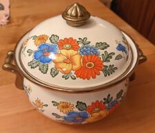 Vintage Enamelware Dutch Oven Pot With Lid Brass Handles Floral  picture
