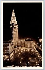 RPPC~Cleveland Ohio~Birds Eye View Of Terminal Tower @ Night~Real Photo Postcard picture