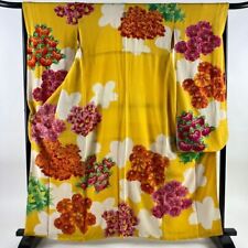 63.8inc Japanese Kimono SILK FURISODE Peony Plum Bright yellow picture