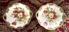 Beautiful Pair of Hand Painted Flowers Floral Porcelain Plates Gold Rim Signed picture