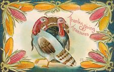 Thanksgiving Treasures Postcard~Antique~Tom & Hen Turkey, Corn Border~c1910 picture