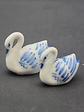 Pair Of Miniature Porcelain Swan Figurines Blue Hand Painted Pattern  picture