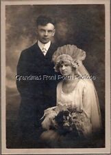 Wedding Groom & Bride w Fantastic Headdress Milwaukee WI Antique Mounted Photo picture