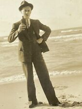 PA Photograph Handsome Man Wearing Suit On Beach Drinking Bottle Hands Hip 1930s picture