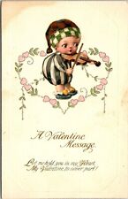 Postcard Small Child Violin Striped Pajamas Nightcap Valentine Message A104 picture