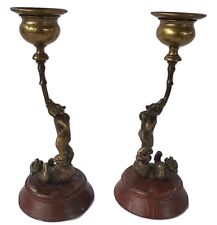 Pr. 19th Century French Bronze Balancing Bears Candle Holders on Marble Bases picture