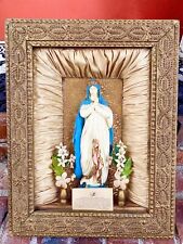 Antique Shadow Box Religious 1890s Chalkware Blessed Virgin Mary Shrine Alter picture