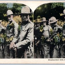 c1910s WWI USMC Army Military Men w/ Flowers Stereoview Hand Colored Card V34 picture